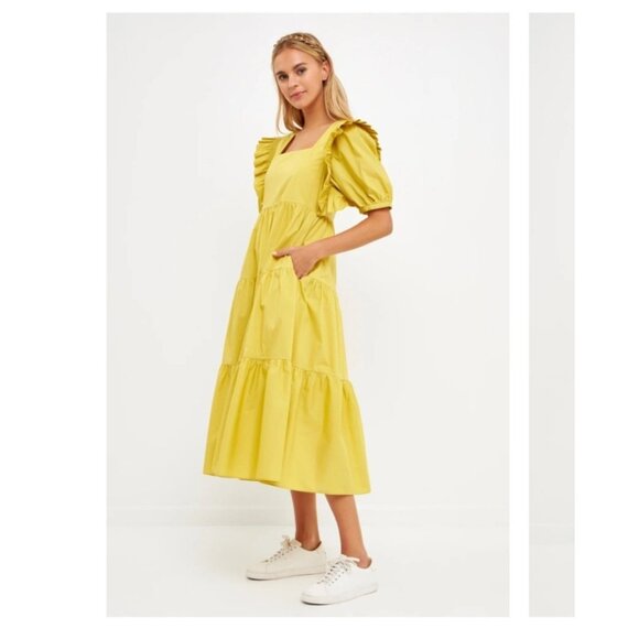 English Factory Puff Short Sleeve Midi Dress Square Neck Ruffle Smocked Detail S - Picture 2 of 12